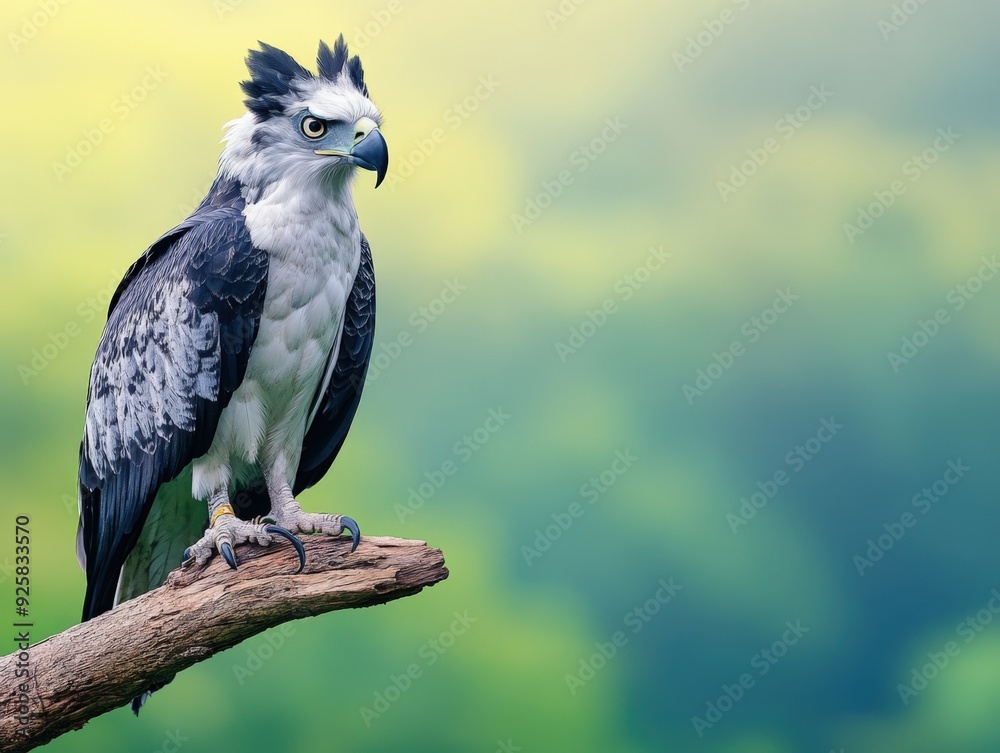 Fototapeta premium Majestic harpy eagle perched on a branch in lush green forest at dawn