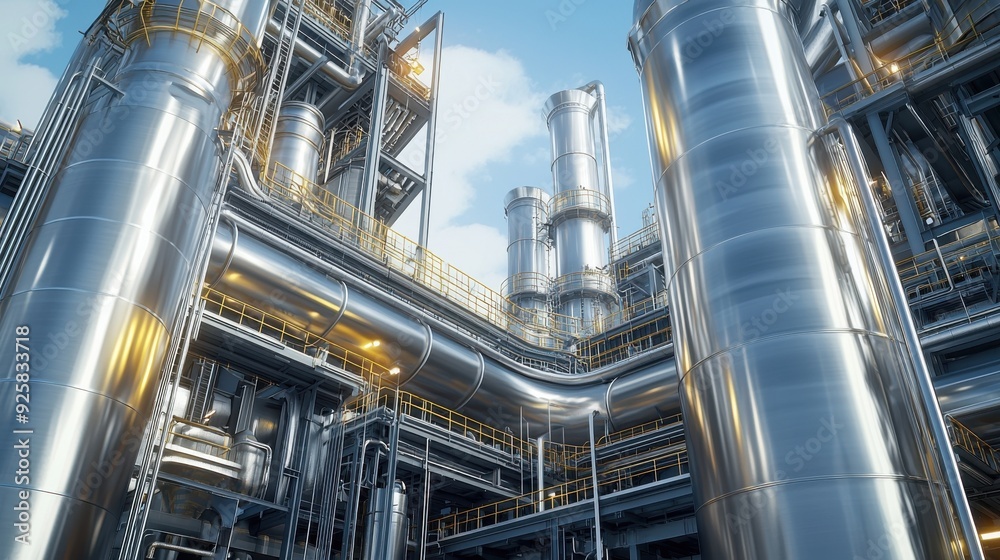 Modern industrial facility with large metal pipes and structures under a clear blue sky, showcasing advanced engineering design. Modern industrial facility with large metal pipes and structures under a clear blue sky, showcasing advanced engineering design.