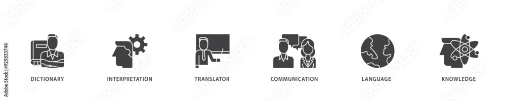 Translation icon infographic illustration concept with icon of dictionary, interpretation, translator, communication, language, and knowledge icon live stroke and easy to edit Translation icon infographic illustration concept with icon of dictionary, interpretation, translator, communication, language, and knowledge icon live stroke and easy to edit