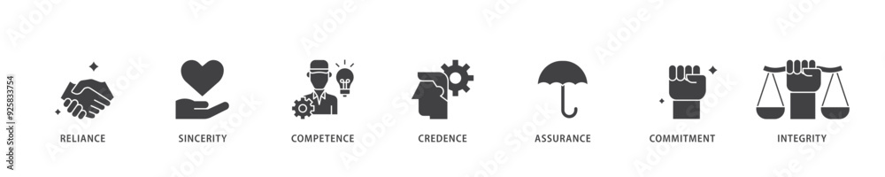 Trust icon infographic illustration concept with icon of integrity, credence, commitment, assurance, competence, sincerity, reliance icon live stroke and easy to edit Trust icon infographic illustration concept with icon of integrity, credence, commitment, assurance, competence, sincerity, reliance icon live stroke and easy to edit