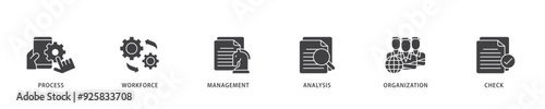 Total quality management icon infographic illustration concept with icon of process, workforce, management, analysis, organization and check icon live stroke and easy to edit 