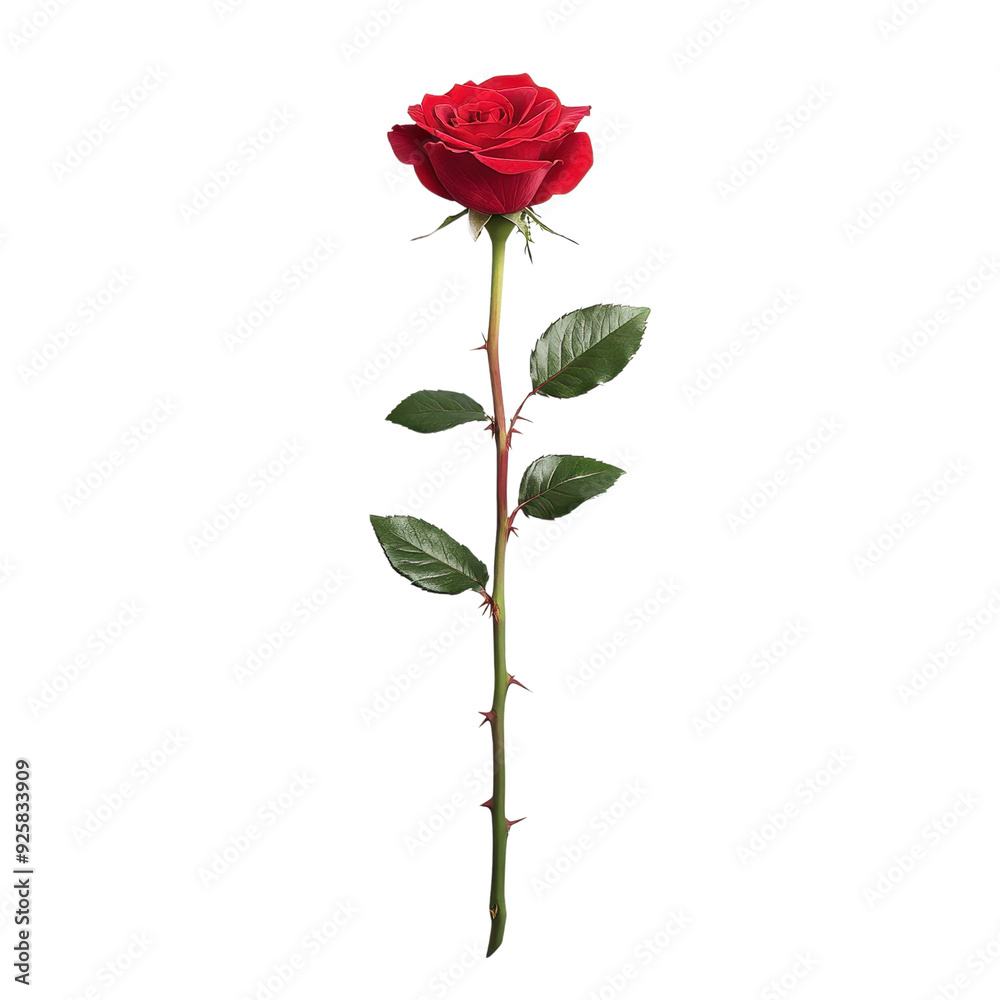 A beautiful red rose with vibrant petals and lush green leaves, perfect for conveying love and appreciation.
