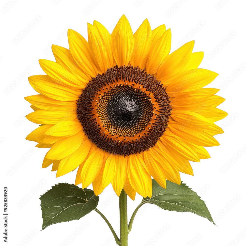 Obraz premium A vibrant sunflower blooming in full glory, showcasing bright yellow petals and a rich brown center, symbolizing warmth and happiness.