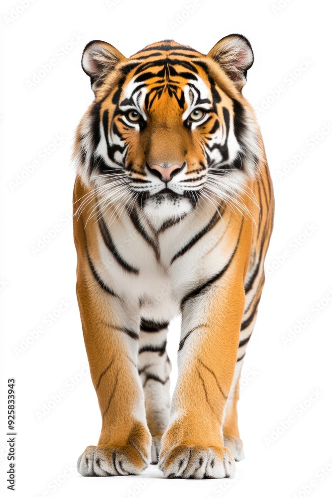 Majestic tiger prowling confidently against a clean white backdrop Majestic tiger prowling confidently against a clean white backdrop