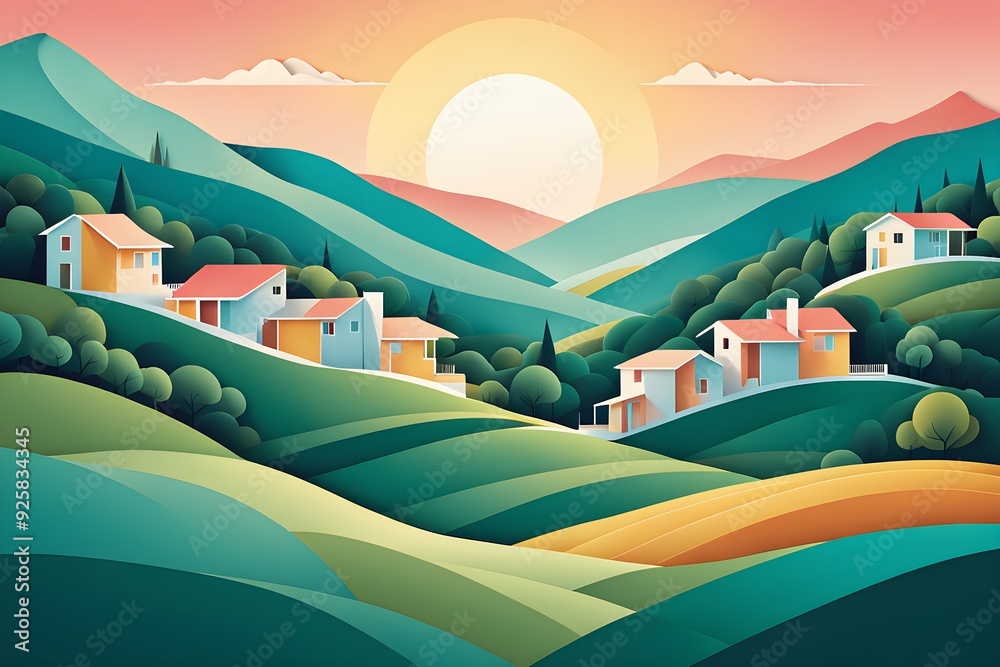 Fototapeta premium landscape set in paper art style featuring houses tucked between verdant trees and rolling hills