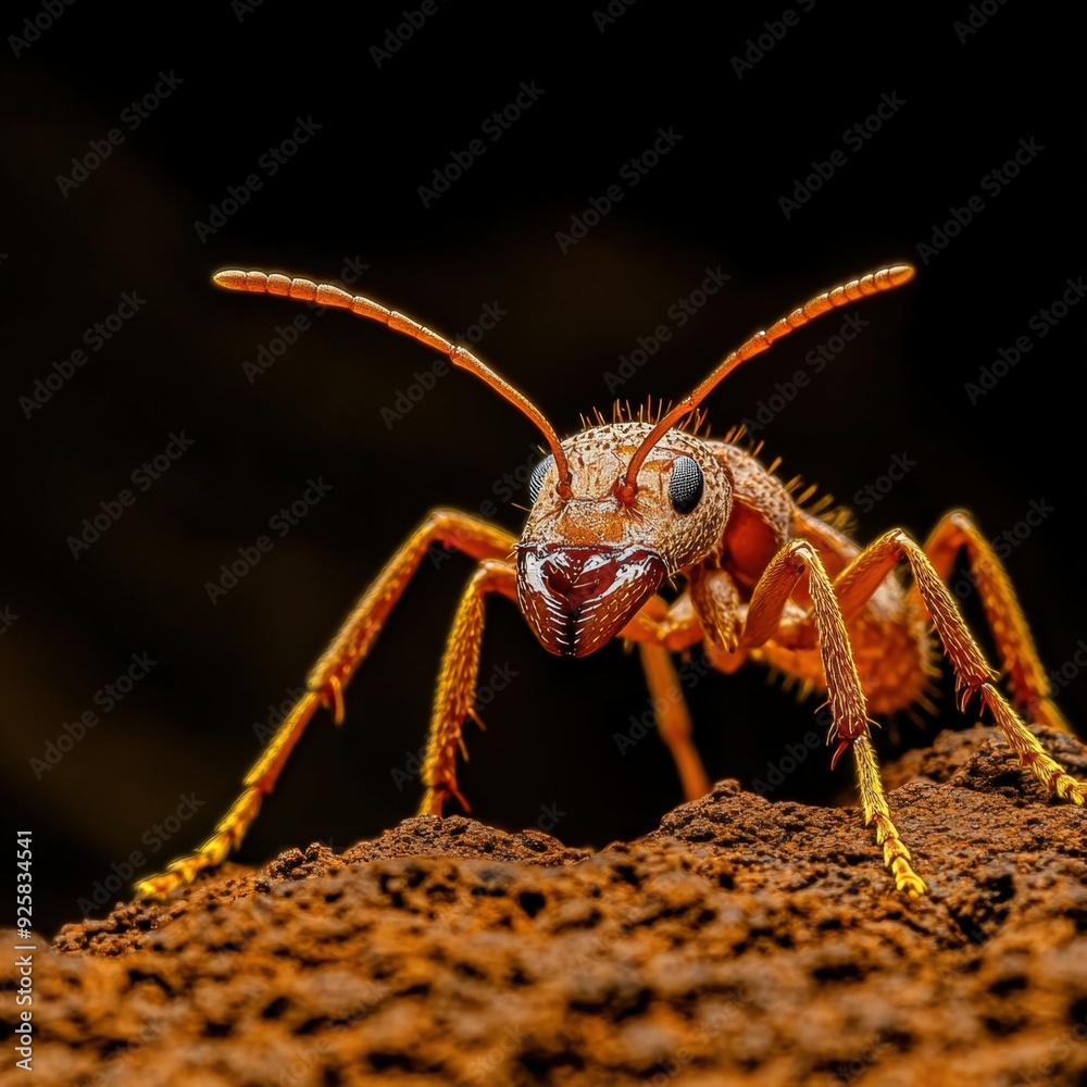Close-up of an ant exploring a sandy surface under dramatic lighting Close-up of an ant exploring a sandy surface under dramatic lighting