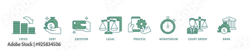 Bankruptcy icon infographic illustration concept with icon of bank ,court order, legal, moratorium, process, creditor, debt, crisis icon live stroke and easy to edit 