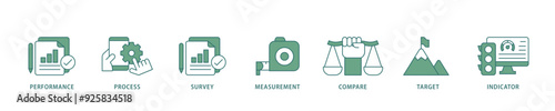 Benchmarking icon infographic illustration concept with icon of performance, process, survey, measurement, compare, target, and indicator icon live stroke and easy to edit 