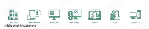 BIM icon infographic illustration concept with icon of building, information, modeling, software, design, plan, and computer icon live stroke and easy to edit 