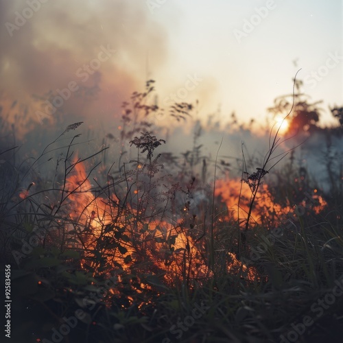 An intense grass fire with thick smoke rising against a dusk sky, highlighting the fierce, uncontrollable forces of nature.