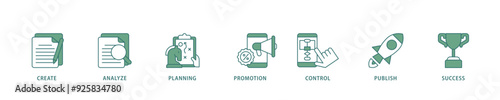 Content strategy icon infographic illustration concept with icon of create, analyze, planning, promotion, control, publish and success icon live stroke and easy to edit 