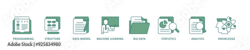 Data science icon infographic illustration concept with icon of data, classification, analyze, statistics, solving, decision and knowledge icon live stroke and easy to edit 