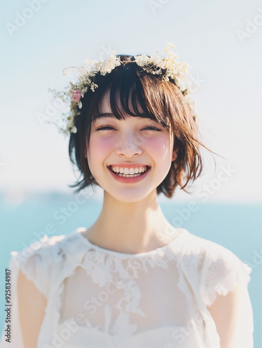 花冠をした笑顔の女性