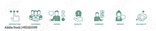 Feedback icon infographic illustration concept with icon of satisfaction, customer, rating, quality, comment, service and reliability icon live stroke and easy to edit 