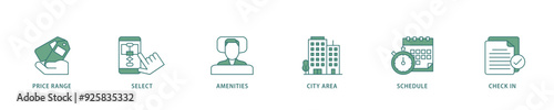 Hotel booking icon infographic illustration concept with icon of city area, check in, schedule, amenities, select, price range icon live stroke and easy to edit 