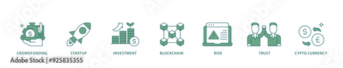 ICO icon infographic illustration concept with icon of crowdfunding, startup, investment, blockchain, risk, trust and cypto currency icon live stroke and easy to edit 