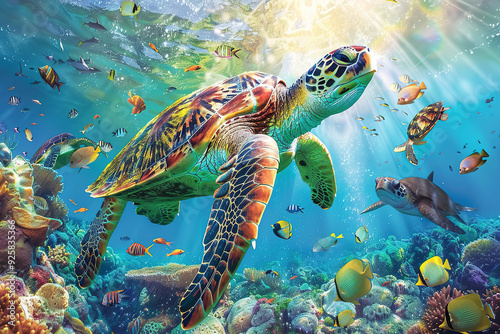 Fototapeta Naklejka Na Ścianę i Meble -  sea turtle swimming in the deep ocean 