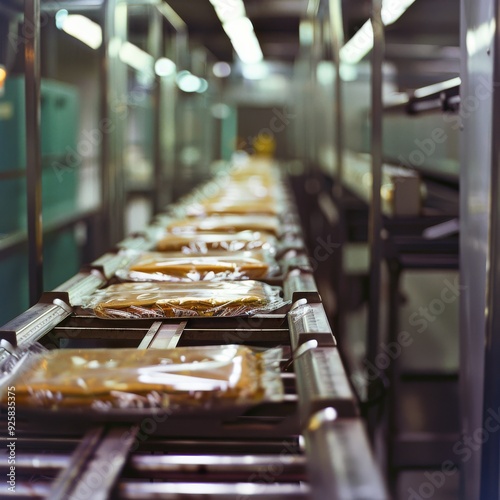 A production line showcasing neatly packaged products moving along a conveyor in a modern industrial facility, under bright, focused lighting.