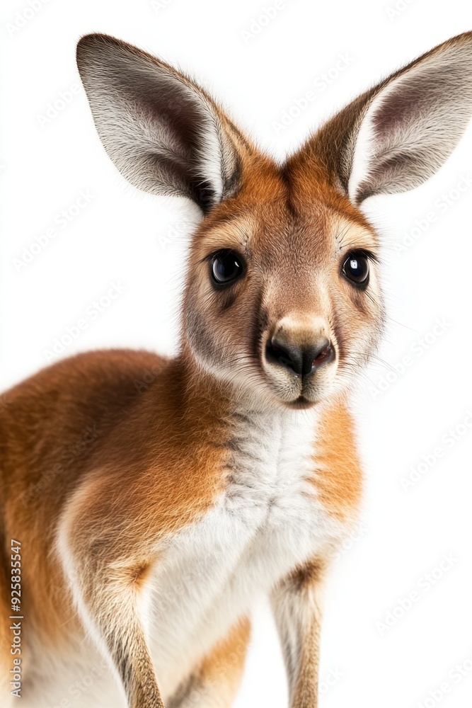 A curious kangaroo stands against a white background, showcasing its playful nature A curious kangaroo stands against a white background, showcasing its playful nature
