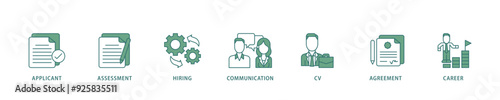 Job interview icon infographic illustration concept with icon of applicant, assessment, hiring, communication, cv, agreement and career icon live stroke and easy to edit 