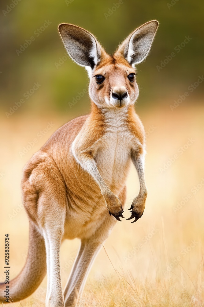 A curious kangaroo stands alert in the golden grass at dawn in the Australian outback A curious kangaroo stands alert in the golden grass at dawn in the Australian outback
