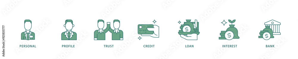 Microcredit icon infographic illustration concept with icon of personal, profile, trust, credit, loan, interest and bank icon live stroke and easy to edit 