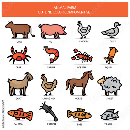 Animal Farm Outline Color icon Set