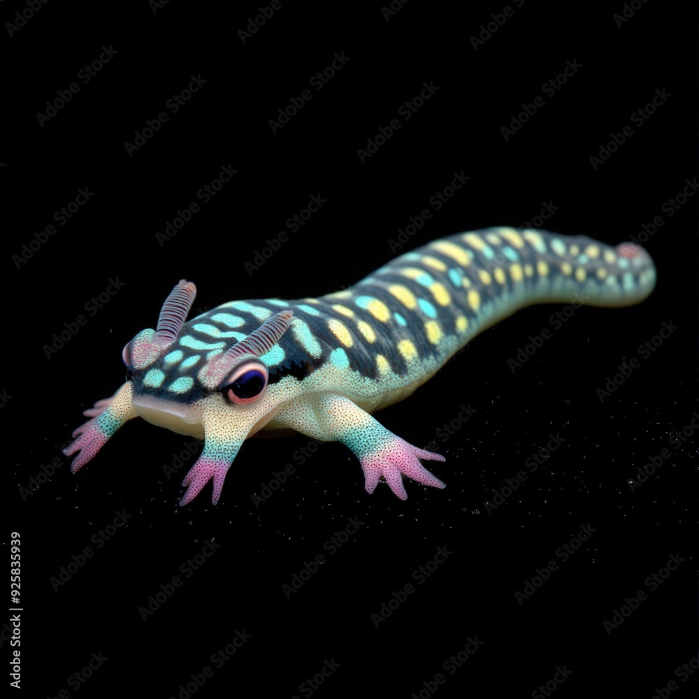 Obraz premium Captivating colorful amphibian exploring a dark habitat at night