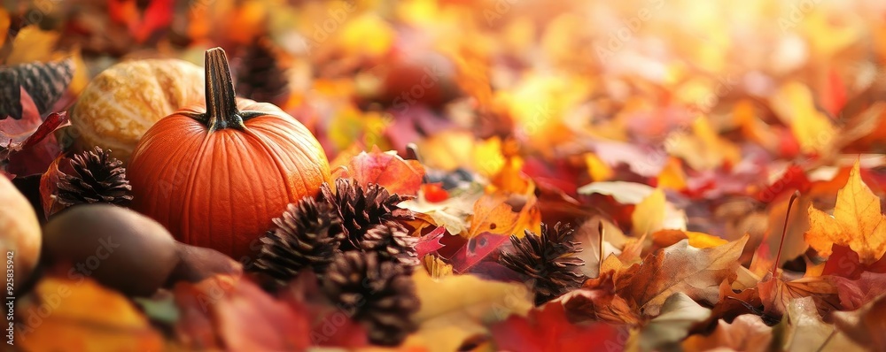 A vibrant autumn scene featuring colorful leaves, a pumpkin, and natural elements creating a seasonal ambiance. A vibrant autumn scene featuring colorful leaves, a pumpkin, and natural elements creating a seasonal ambiance.