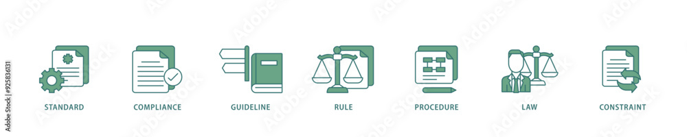 Regulation icon infographic illustration concept with icon of standard, compliance, guideline, rule, procedure, law and constraint icon live stroke and easy to edit Regulation icon infographic illustration concept with icon of standard, compliance, guideline, rule, procedure, law and constraint icon live stroke and easy to edit