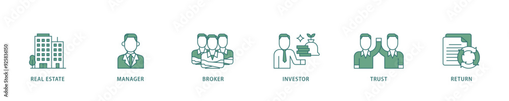 REIT icon infographic illustration concept with icon of real estate, manager, broker, investor, trust and return icon live stroke and easy to edit REIT icon infographic illustration concept with icon of real estate, manager, broker, investor, trust and return icon live stroke and easy to edit
