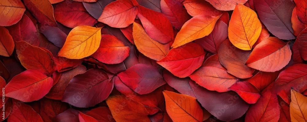 Vibrant autumn leaves in shades of red and orange create a warm and colorful background, perfect for seasonal designs and projects.