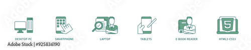Responsive web design icon infographic illustration concept with icon of tablets, html5 css3, e book reader, laptop, smart phone, desktop pc icon live stroke and easy to edit 