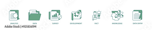 Research icon infographic illustration concept with icon of analysis, data, survey, development, fact, knowledge and data entry icon live stroke and easy to edit 