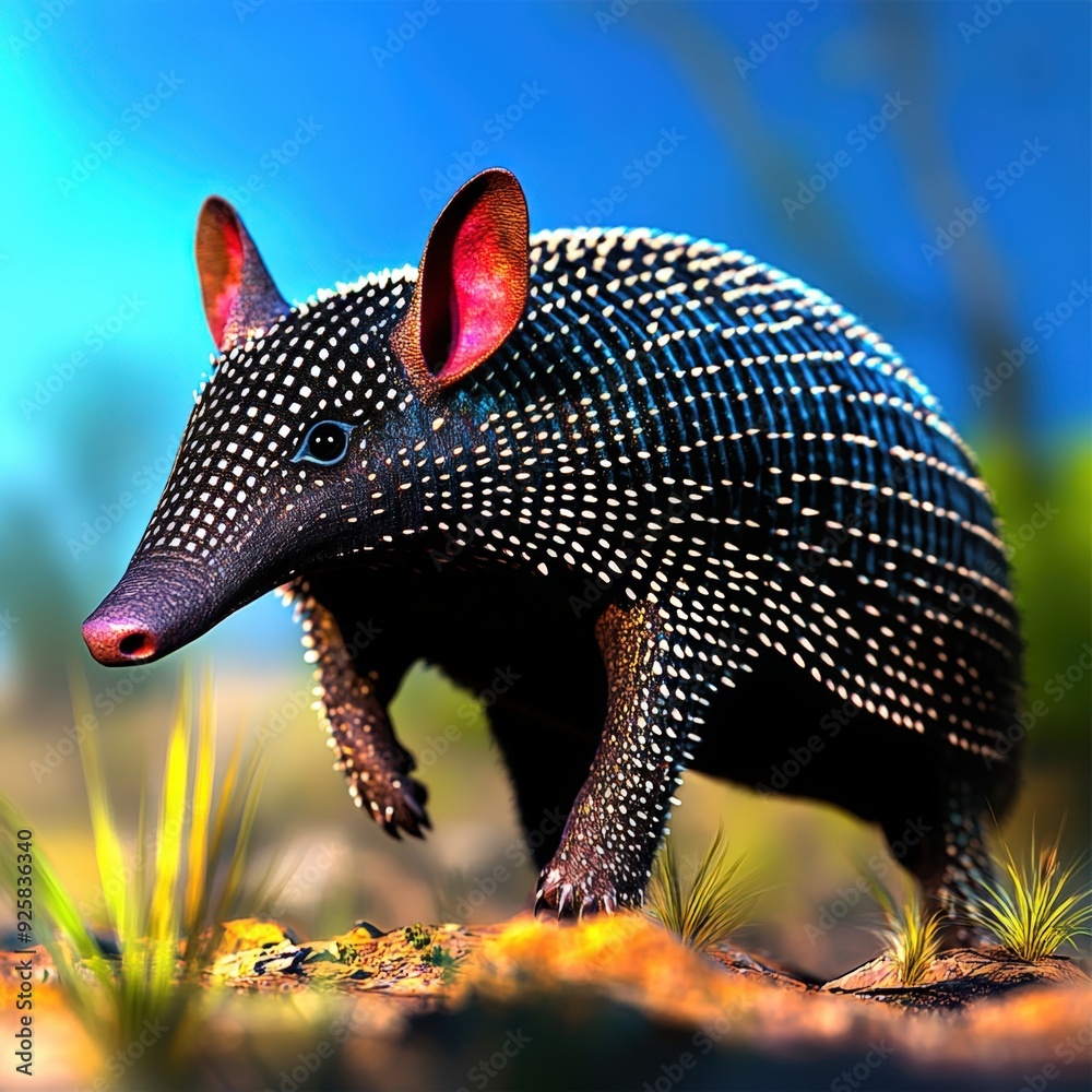 Obraz premium A vibrant armadillo foraging in a sunlit meadow during early morning hours