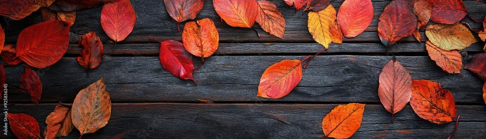 Vibrant autumn leaves scattered on a rustic wooden surface, showcasing shades of orange, red, and yellow, perfect for seasonal themes. Vibrant autumn leaves scattered on a rustic wooden surface, showcasing shades of orange, red, and yellow, perfect for seasonal themes.