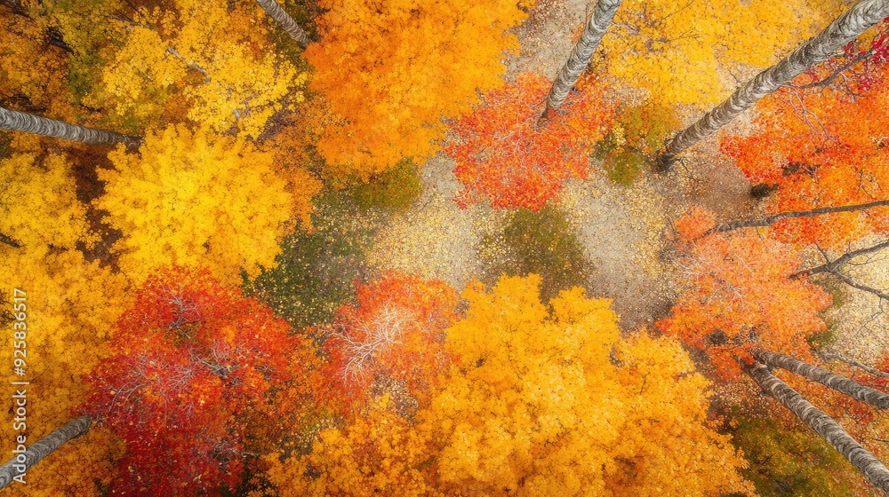 Aerial view of vibrant autumn foliage showcasing brilliant orange, yellow, and red leaves in a serene forest landscape. Aerial view of vibrant autumn foliage showcasing brilliant orange, yellow, and red leaves in a serene forest landscape.