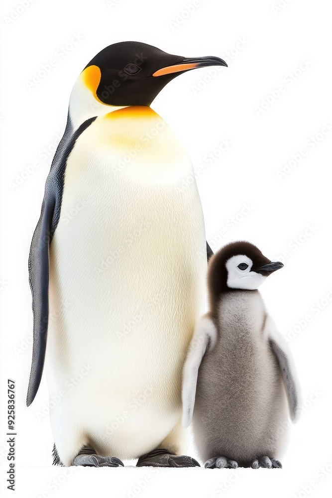 Fototapeta premium A majestic emperor penguin stands proudly beside its fluffy chick in a snowy landscape