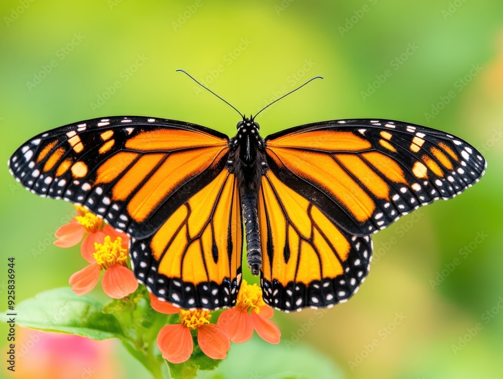 Monarch butterfly gracefully rests on vibrant orange flowers in a sunny garden Monarch butterfly gracefully rests on vibrant orange flowers in a sunny garden