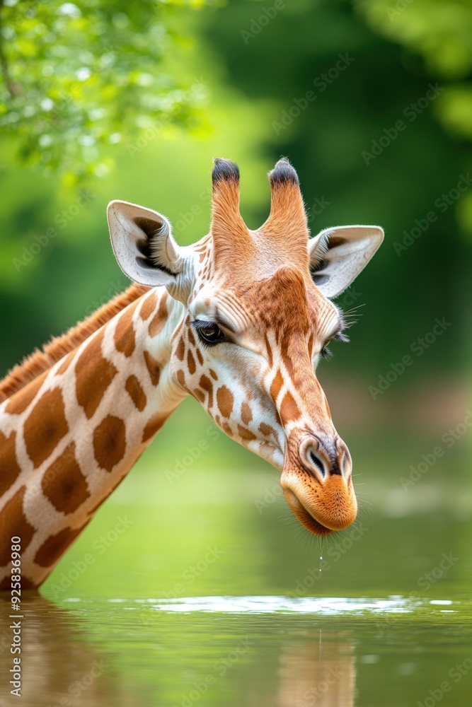 A graceful giraffe drinks from a serene water body in a lush green environment A graceful giraffe drinks from a serene water body in a lush green environment