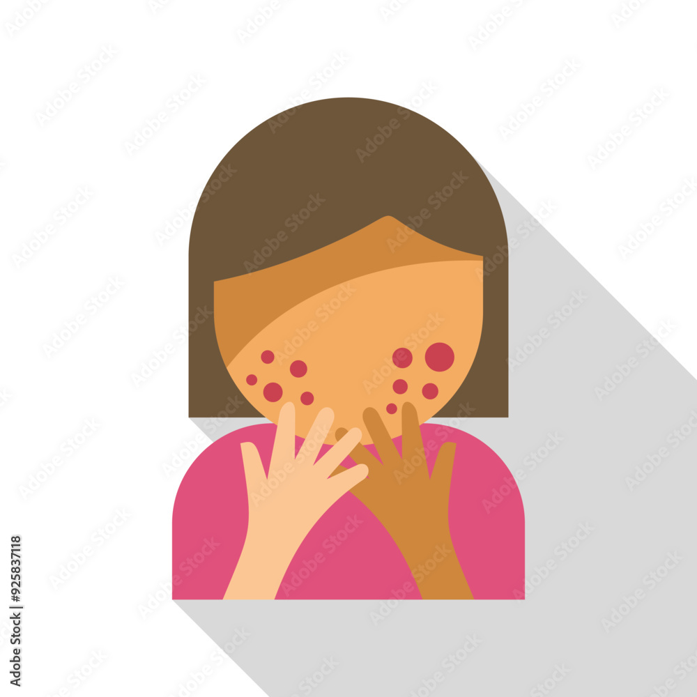 Illustration of a young woman with allergy symptoms, touching her face with both hands Illustration of a young woman with allergy symptoms, touching her face with both hands