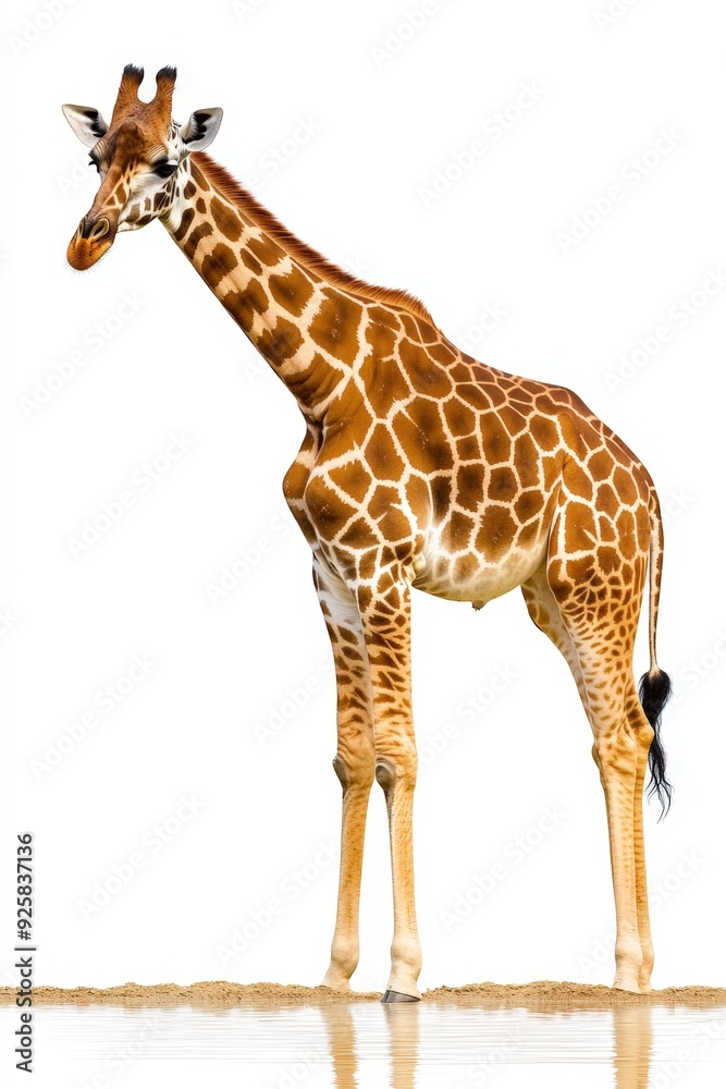 Fototapeta premium A graceful giraffe standing by a tranquil water edge under bright daylight