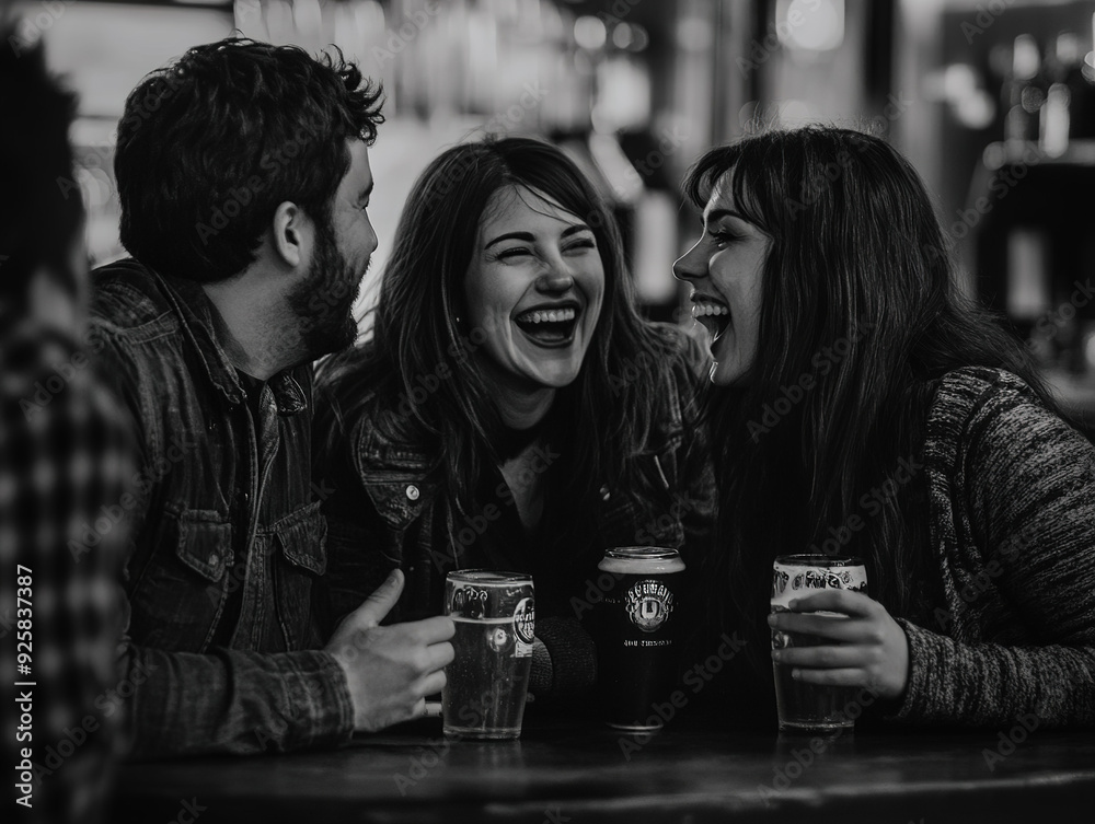 Joyful Trio Laughing and Enjoying Beer at an Outdoor Bar, Macro Lens Captures the Warmth and Friendship in Detailed Facial Expression Joyful Trio Laughing and Enjoying Beer at an Outdoor Bar, Macro Lens Captures the Warmth and Friendship in Detailed Facial Expression