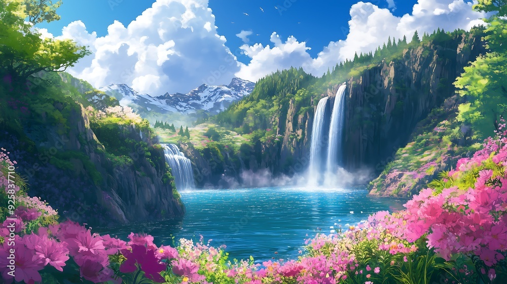 Fototapeta premium waterfall and lake landscape anime style