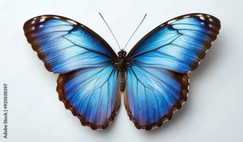 Beautiful blue Butterfly with open wings on a white minimalistic background, top view shot photography