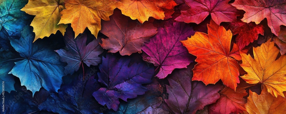 Vibrant and colorful maple leaves arranged in a beautiful pattern, showcasing an array of autumn hues from orange to purple. Vibrant and colorful maple leaves arranged in a beautiful pattern, showcasing an array of autumn hues from orange to purple.