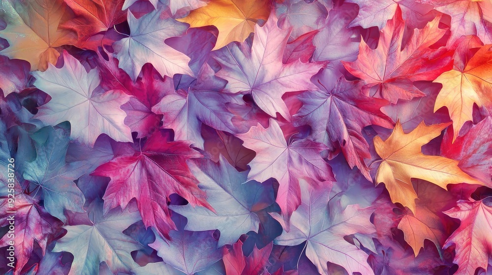 Obraz premium Vibrant and colorful leaves arranged beautifully, showcasing a stunning blend of shades perfect for nature or seasonal themed projects.