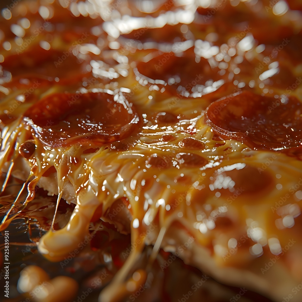 Melting cheese on a slice of pepperoni pizza. Melting cheese on a slice of pepperoni pizza.