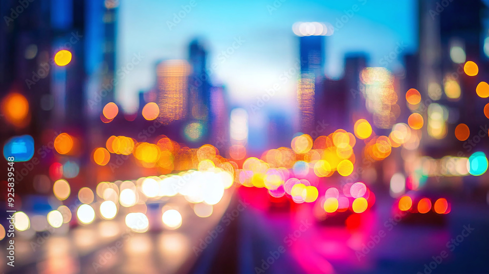 blurred lights of a city skyline at night, with a focus on the colorful bokeh from street lamps and traffic lights casting a soft, glowing ambiance