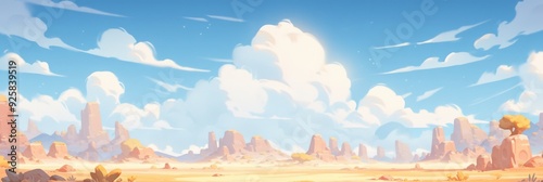 Enchanting Anime-Style Desert Arena: A 2D Fantasy Battleground for Mobile Games with a Mountainous Desert and Colorful Cloudy Sky in a Flat Cartoon Style,Anime style, storybook illustrations photo